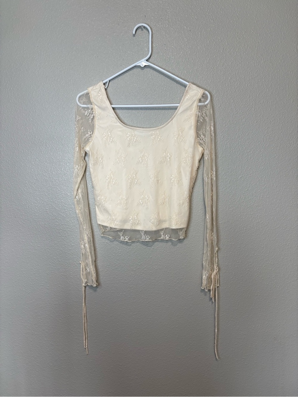Stitch & Pine Lace Mesh Crop Top Cream Sheer Tie Sleeve Women’s Medium